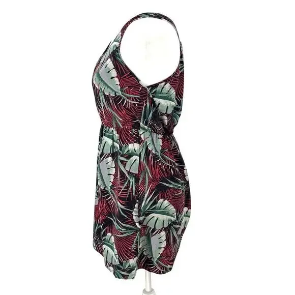 Madewell Silk Tropical Palm Print Racerback Mini Dress Sz 2 Black Green Red Mini - Picture 3 of 10